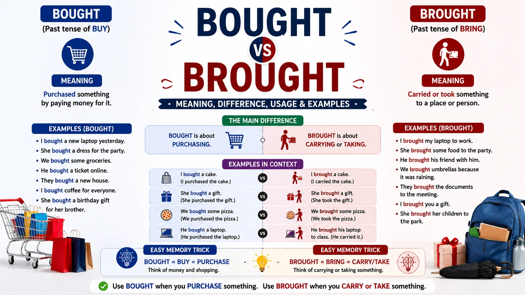 Bought vs Brought Meaning, Difference, Usage & Examples