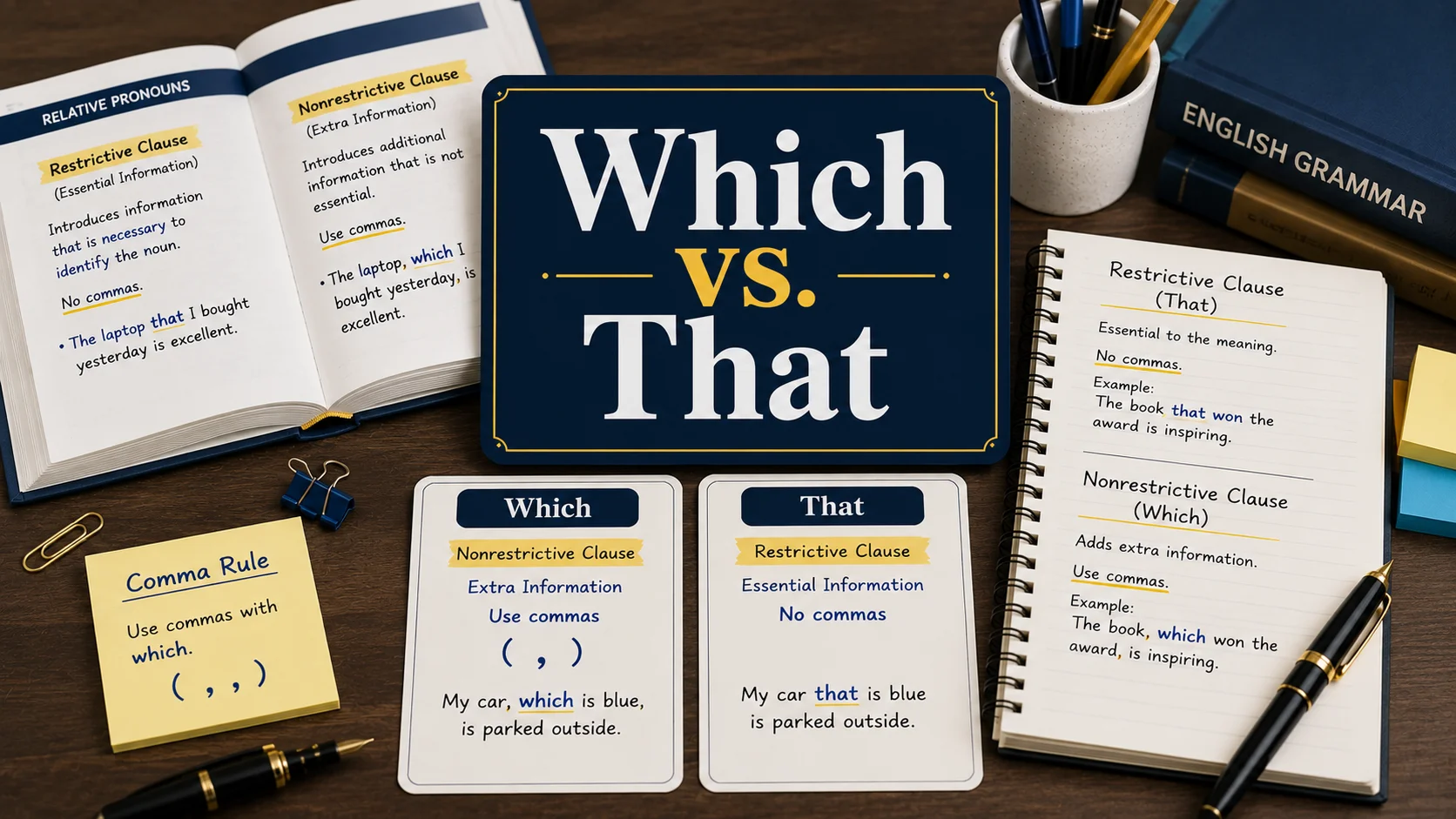 Educational illustration comparing "Which" and "That" with grammar notes, comma rules, and an English grammar book.